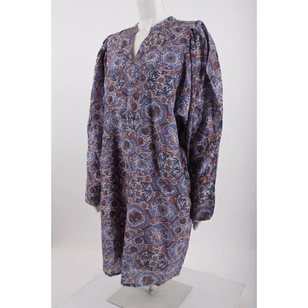 Chufy Womans Floral Ma Dress L Blue Lln Print Burma Puff sleeve Cotton Silk NWT